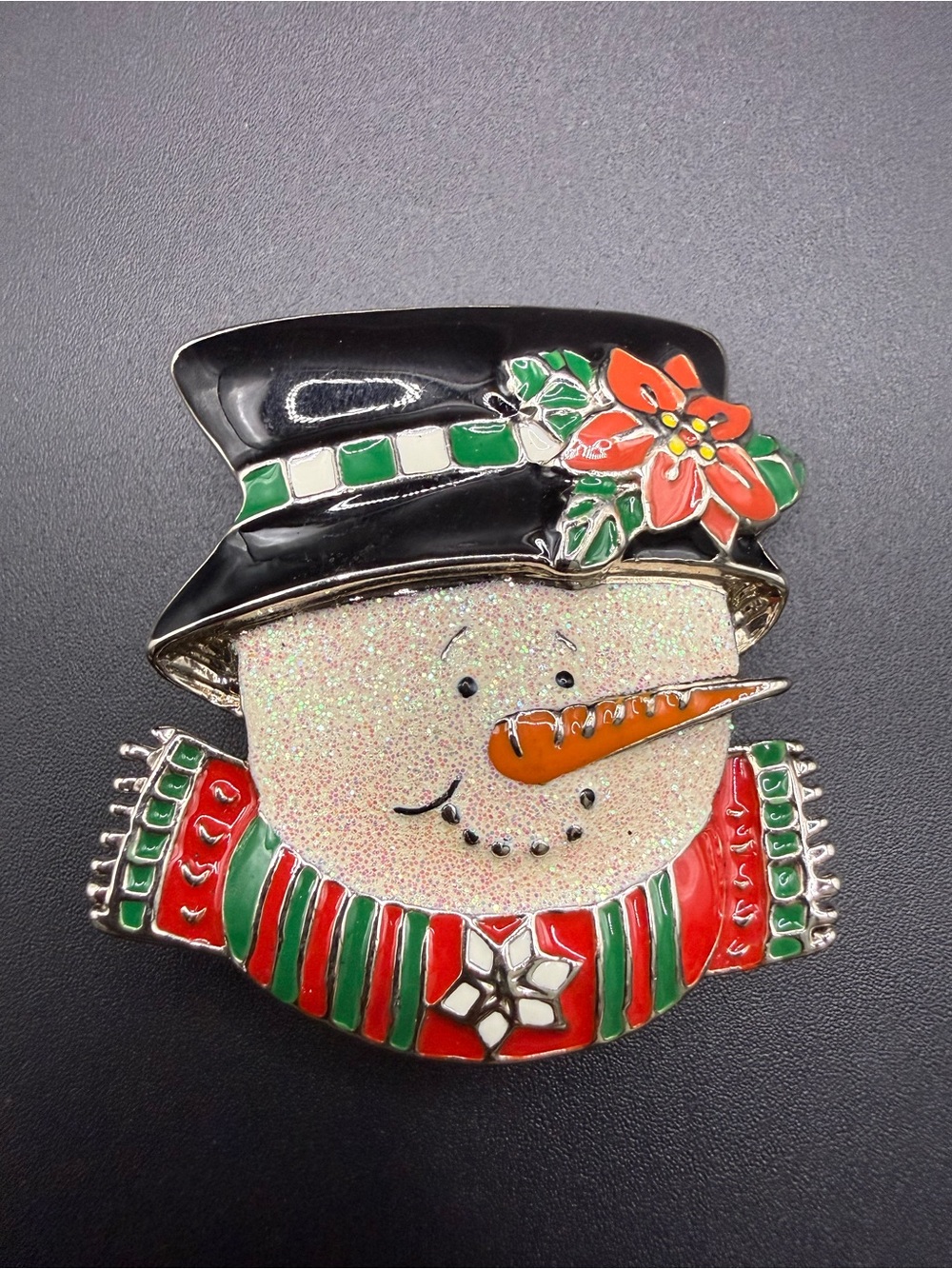 Signed SFJ 49374 Classic Snowman Enamel Brooch Pin Glitter Holiday